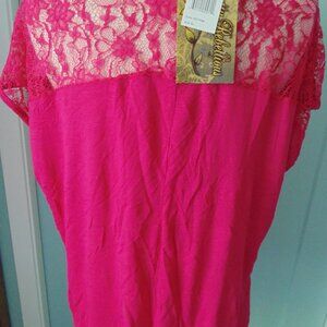 New Hot Pink Rayon Knit Top Tie Waist Sheer Lace Shoulder Cap Sleeve Womens XL